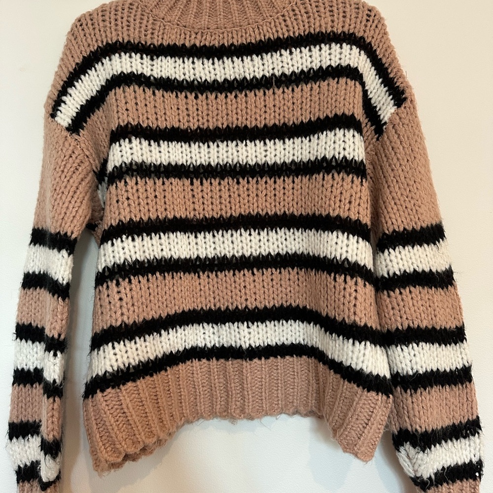 Woven Heart Striped Cowl Sweater - Tan, Black, White